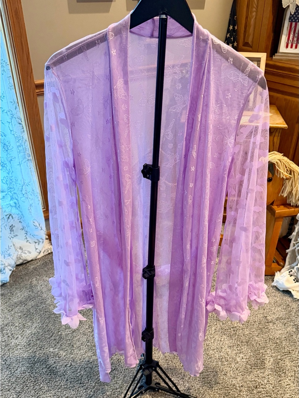 Sheer Lavender Lace Duster Robe - Women Intimates & Sleepwear